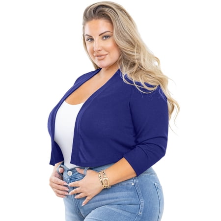 SHOWMALL Bolero Plus Size Women 3/4 Sleeve Royal Blue 4X Lightweight Open Front Knit Cropped Bolero Shrug Cardigan Sweater Coat Tops for Evening dresses