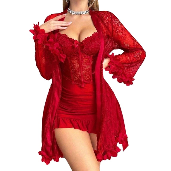 SHOWMALL Bridal Nightwear Lingerie Sets for Women 3 Piece Lace Babydoll with Sheer Robe Red L