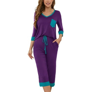 SHOWMALL Comfy Lounge Sets for Women Purple L 3/4 Sleeves V-Neck Tops and Loose Capri Pants Pajama Set