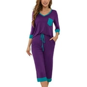 SHOWMALL Comfy Lounge Sets for Women Purple L 3/4 Sleeves V-Neck Tops and Loose Capri Pants Pajama Set