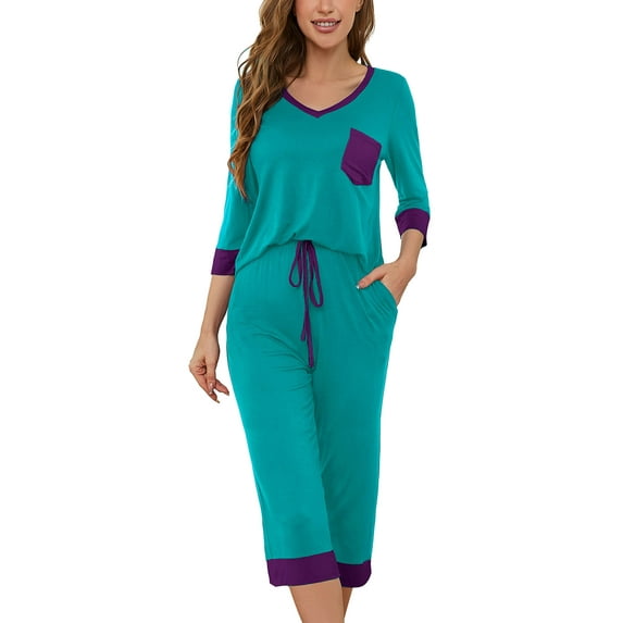 SHOWMALL Comfy Lounge Sets for Women Turquoise 2XL 3/4 Sleeves V-Neck Tops and Loose Capri Pants Pajama Set