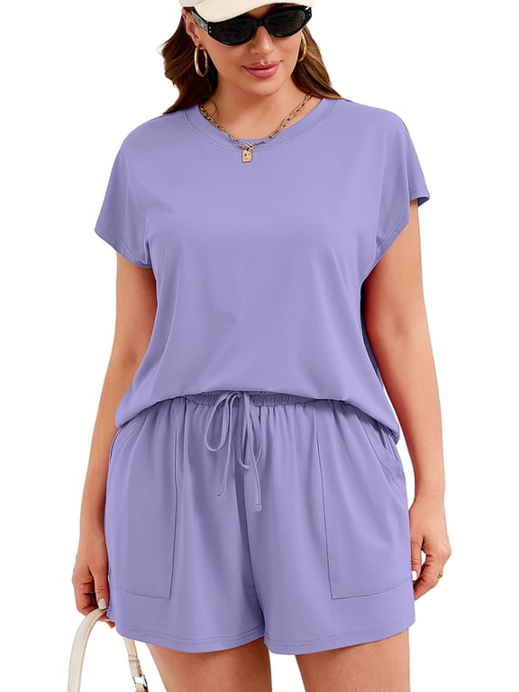 Cute Plus Size Matching Sets for Women Summer Outfit Sets- Trendy 2 Piece Lounge Wear Sleeveless Muscle Tee & Shorts Outfit, Purple Gray 3X