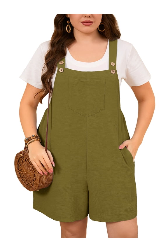 Jumpersuit for Women Plus Size Shorts Casual Loose Romper Overall with Adjustable Strapes Army Green 1X