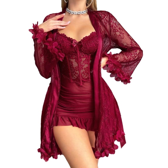 SHOWMALL Lingerie Robes for Women Sexy Lace Dress Set Romantic Sleepwear Burgundy M
