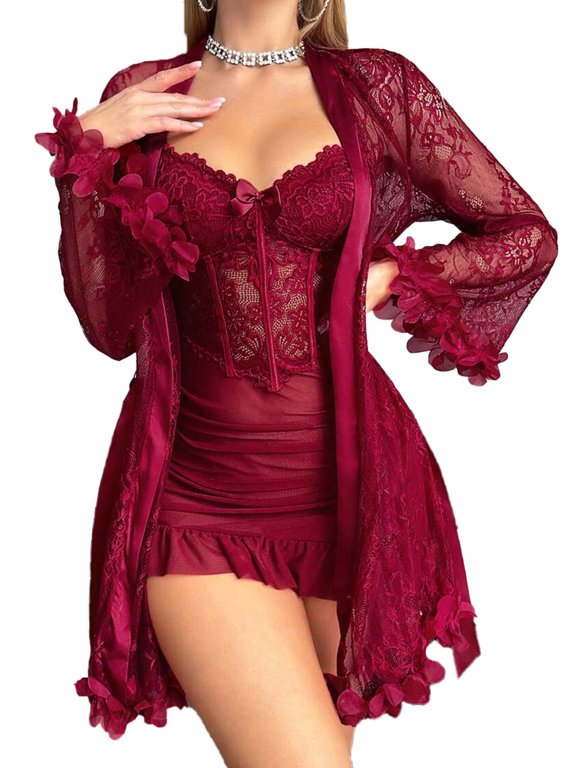 Lingerie Robes for Women Sexy Lace Dress Set Romantic Sleepwear Burgundy M