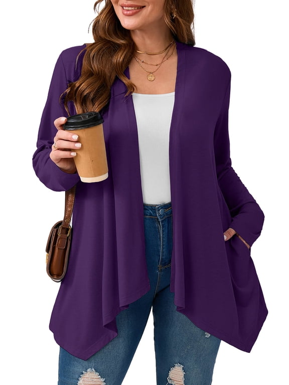 Long Sleeve Lightweight Cardigan for Plus Size Women, Purple 3X Casual Drape Fit, V-Hem Design