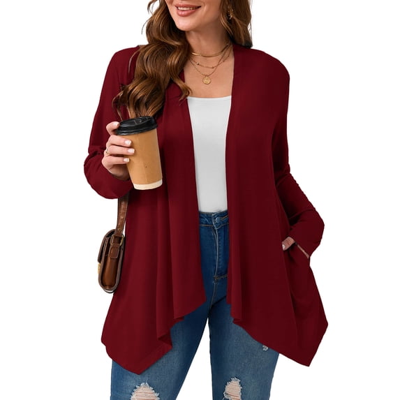SHOWMALL Long Sleeve Lightweight Cardigan for Plus Size Women, Wine Red 2X Casual Drape Fit, V-Hem Design
