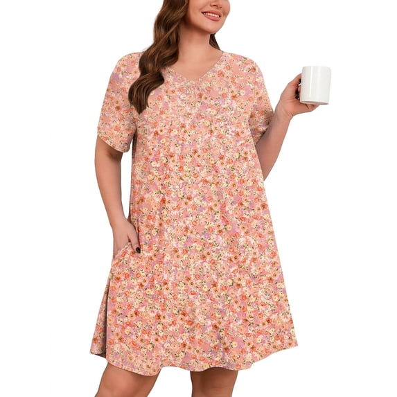 SHOWMALL Nightgowns for Plus Women Soft Short Sleeve Pajama Dress with Pockets for Sleep Night Soft Bloom Pink 2X