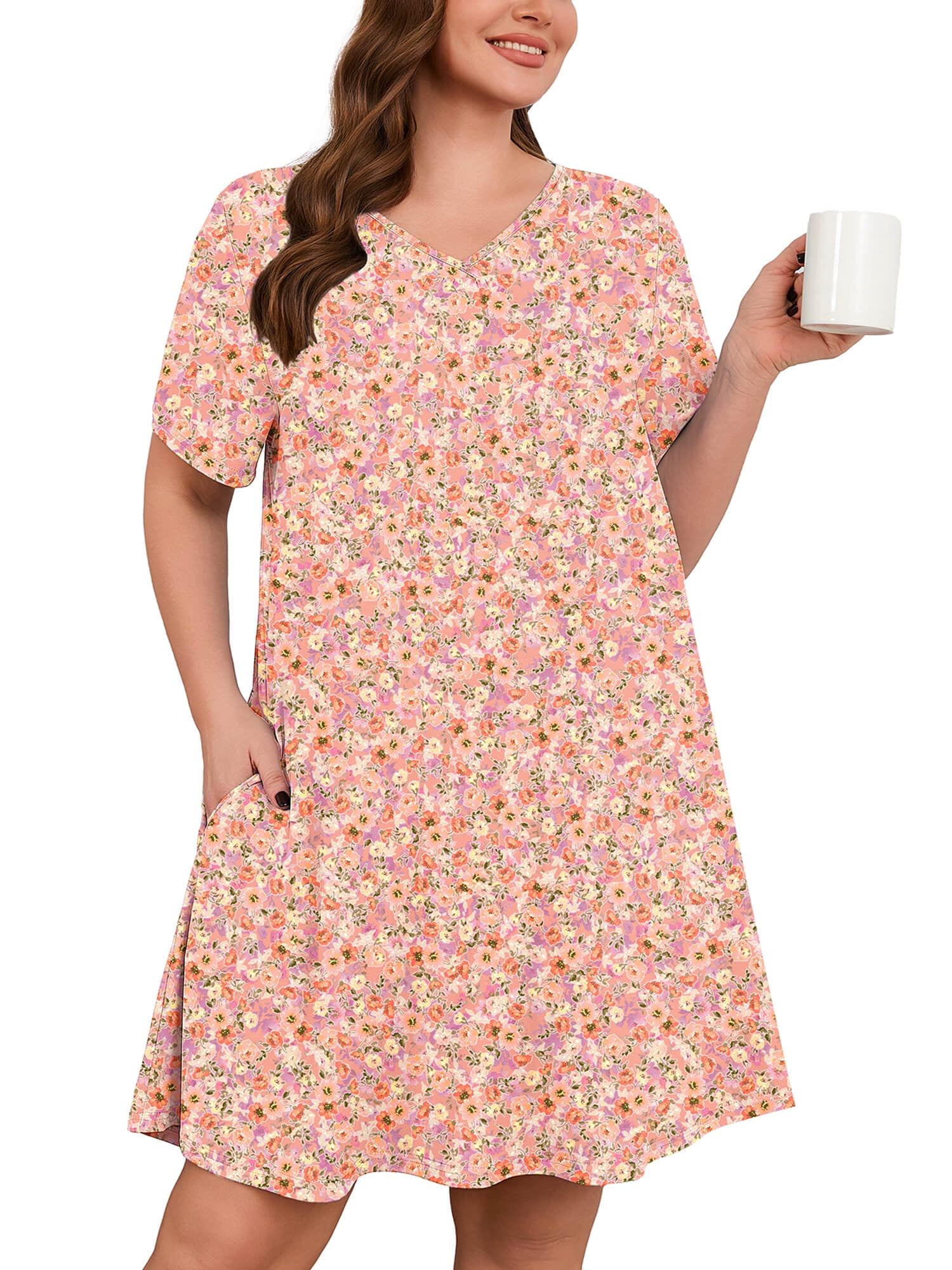 SHOWMALL Nightgowns for Plus Women Soft Short Sleeve Pajama Dress with Pockets for Sleep Night Soft Bloom Pink 3X