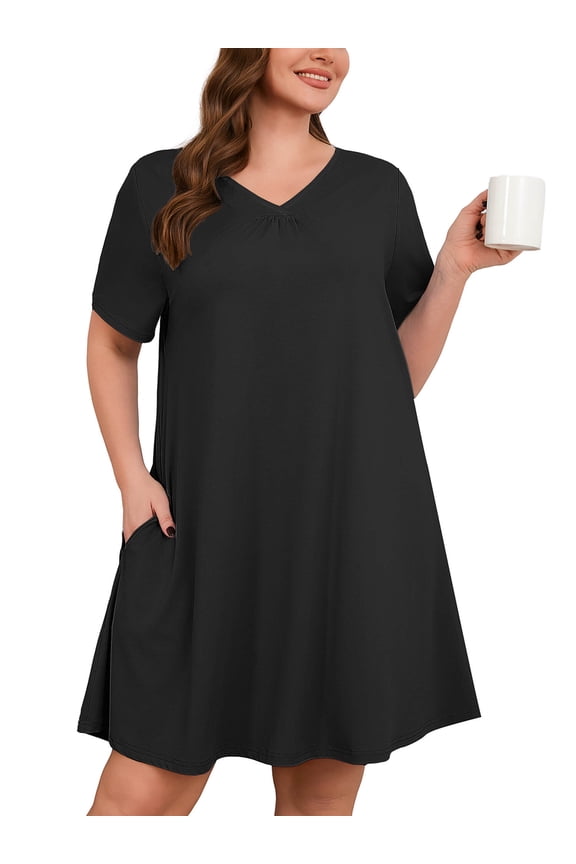 Nightgowns for Plus Women Soft Short Sleeve Pajama Dress with Pockets for Sleep NightBlack 3X