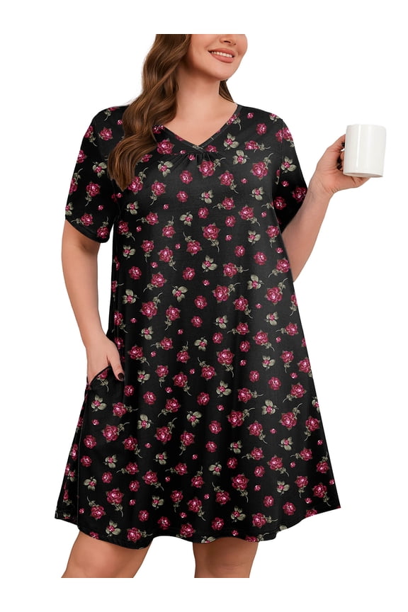 Nightgowns for Plus Women Soft Short Sleeve Pajama Dress with Pockets for Sleep NightBlack Pink Rose 3X