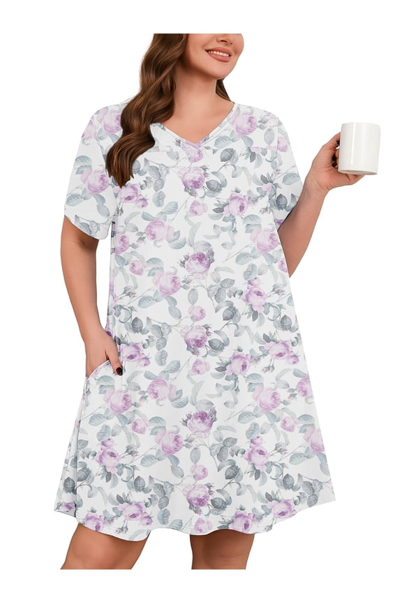 Nightgowns for Plus Women Soft Short Sleeve Pajama Dress with Pockets for Sleep NightLavender Mist Rose 3X