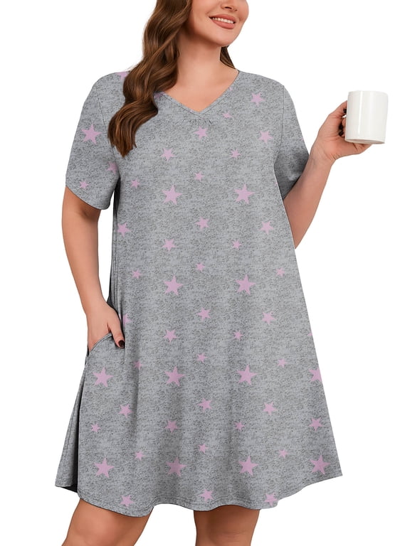 Nightgowns for Plus Women Soft Short Sleeve Pajama Dress with Pockets for Sleep NightPink Stars 3X