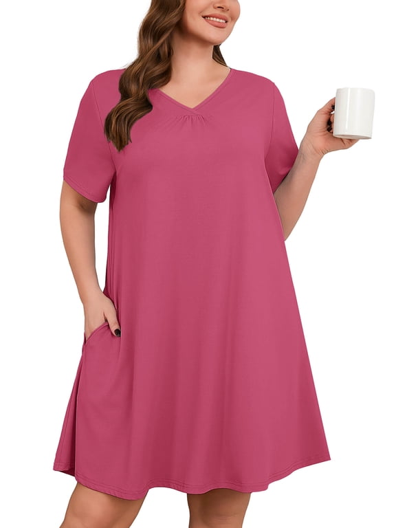 Nightgowns for Plus Women Soft Short Sleeve Pajama Dress with Pockets for Sleep NightPurple Red 5X