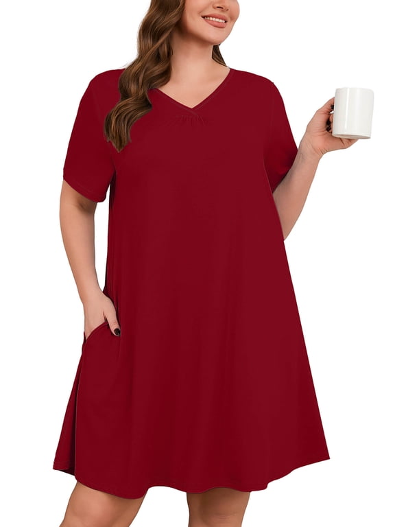 Nightgowns for Plus Women Soft Short Sleeve Pajama Dress with Pockets for Sleep NightWine Red 2X