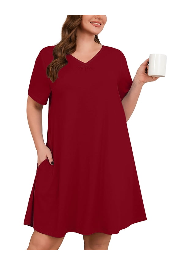 Nightgowns for Plus Women Soft Short Sleeve Pajama Dress with Pockets for Sleep NightWine Red 2X