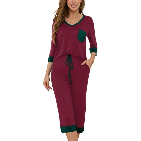 SHOWMALL Pajama Sets for Women Burgundy XL 3/4 Sleeves V-Neck Tops and Loose Capri Pants Lounge Set Soft Sleepwear