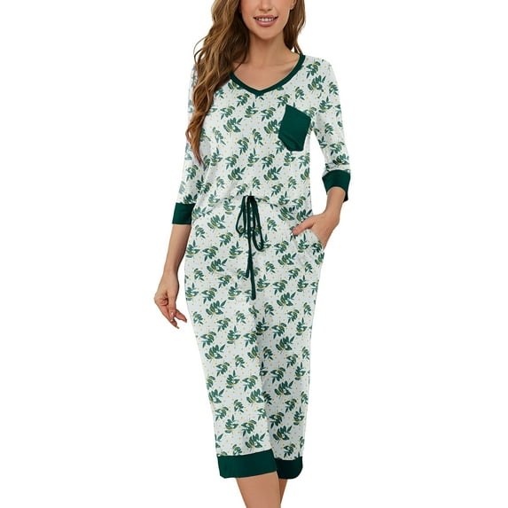 SHOWMALL Pajama Sets for Women Green Leaves M 3/4 Sleeves V-Neck Tops and Loose Capri Pants Lounge Set Soft Sleepwear