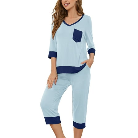 SHOWMALL Pajama Sets for Women Light Blue M 3/4 Sleeves V-Neck Tops and Loose Capri Pants Lounge Set Soft Sleepwear