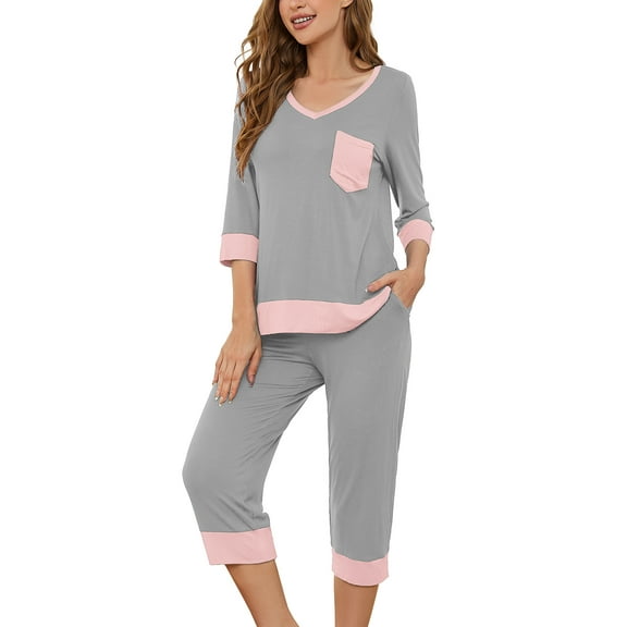 SHOWMALL Pajama Sets for Women Light Gray M 3/4 Sleeves V-Neck Tops and Loose Capri Pants Lounge Set Soft Sleepwear