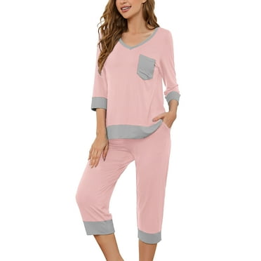 SHOWMALL Pajama Sets for Women Pink XL 3/4 Sleeves V-Neck Tops and Loose Capri Pants Lounge Set Soft Sleepwear
