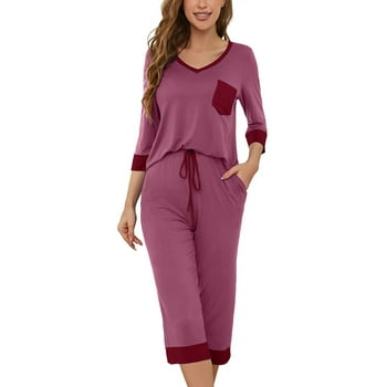 SHOWMALL Pajama Sets for Women Purple Red XL 3/4 Sleeves V-Neck Tops and Loose Capri Pants Lounge Set Soft Sleepwear