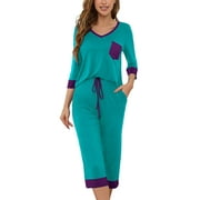 SHOWMALL Pajama Sets for Women Turquoise XL 3/4 Sleeves V-Neck Tops and Loose Capri Pants Lounge Set Soft Sleepwear