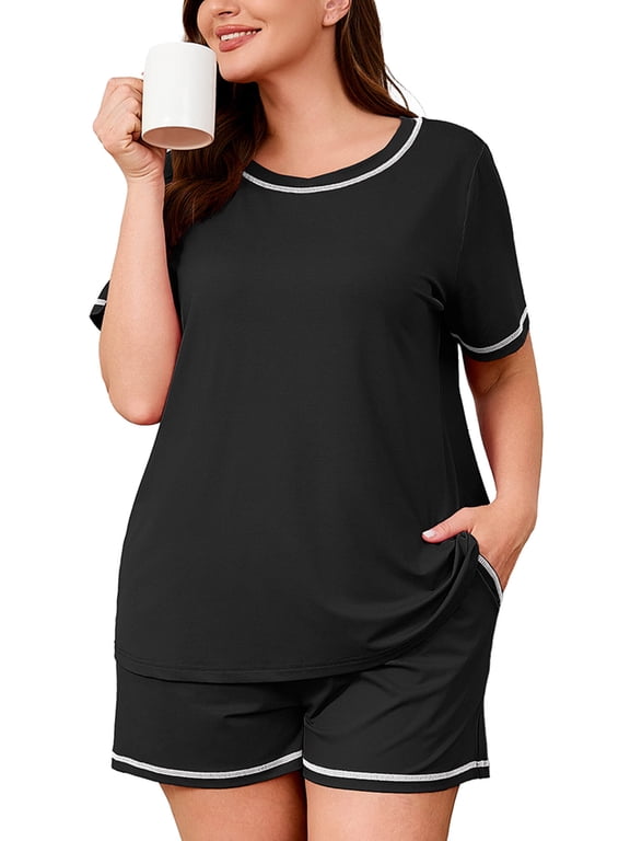 Pajamas for Plus Women 2 Piece Short Sleeve Tops and Shorts Lounge Set Soft Sleepwear with Pockets Black 3X