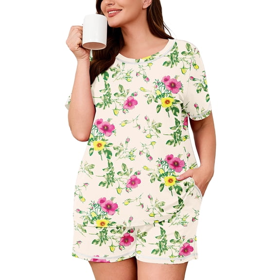 SHOWMALL Pajamas for Plus Women 2 Piece Short Sleeve Tops and Shorts Lounge Set Soft Sleepwear with Pockets Cream Pink Yellow Blooms 3X
