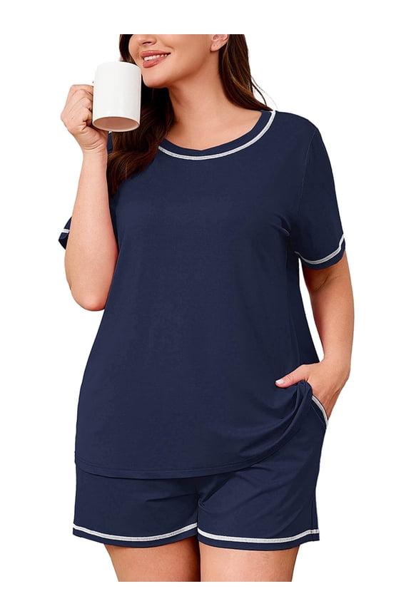 Pajamas for Plus Women 2 Piece Short Sleeve Tops and Shorts Lounge Set Soft Sleepwear with Pockets Navy Blue 3X