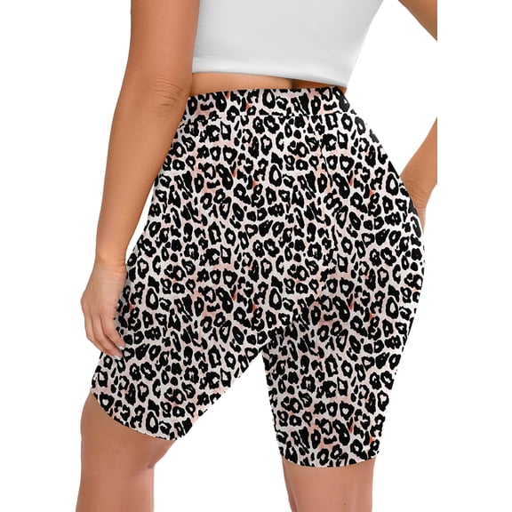 SHOWMALL Plus Biker Shorts for Women High Waist 8" Tummy Control Soft Athletic Yoga Workout Running Gym Shorts Fancy Peachy Leopard 3X