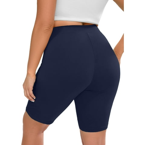 SHOWMALL Plus Biker Shorts for Women High Waist 8" Tummy Control Soft Athletic Yoga Workout Running Gym Shorts Navy Blue 3X