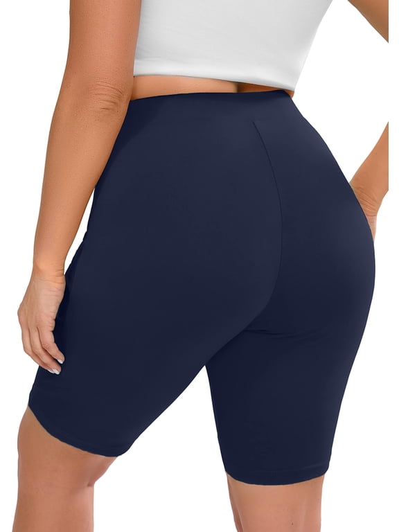 Plus Biker Shorts for Women High Waist 8" Tummy Control Soft Athletic Yoga Workout Running Gym Shorts Navy Blue 3X