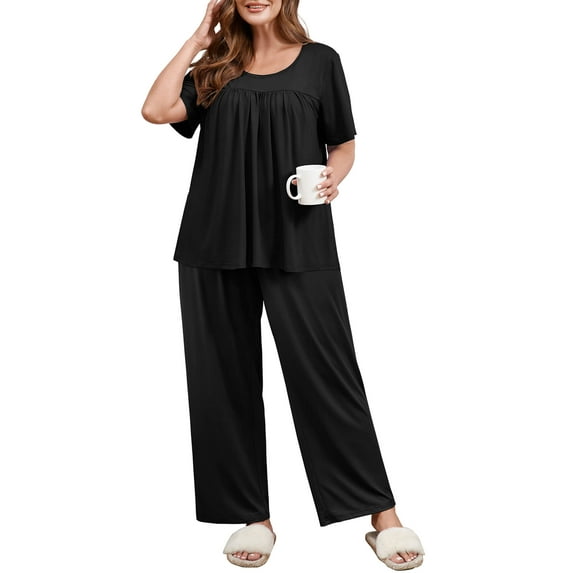 SHOWMALL Plus Size 2 Piece Sleepwear/Loungewear Set for Women, Black 1X Comfy Short Sleeve Home Pajamas with Pleated Top and Lounge Pants with Pockets