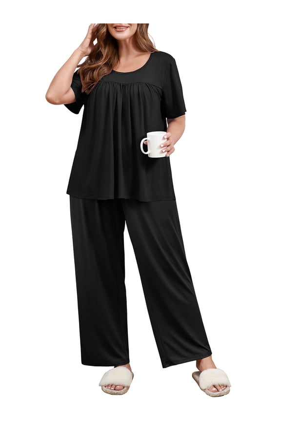 Plus Size 2 Piece Sleepwear/Loungewear Set for Women, Black 3X Comfy Short Sleeve Home Pajamas with Pleated Top and Lounge Pants with Pockets