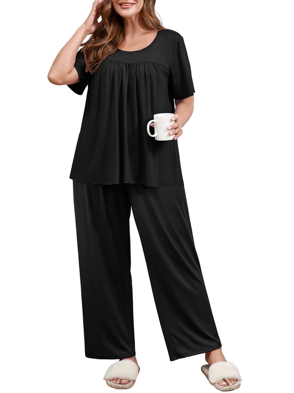 Plus Size 2 Piece Sleepwear/Loungewear Set for Women, Black 3X Comfy Short Sleeve Home Pajamas with Pleated Top and Lounge Pants with Pockets