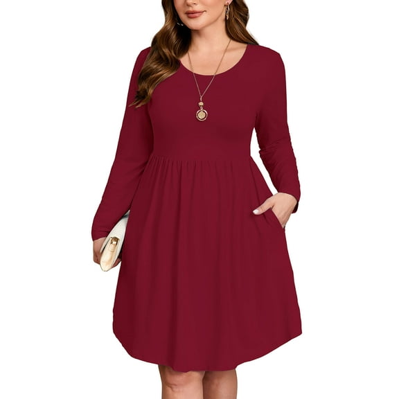 SHOWMALL Plus Size A-Line Dress Burgundy 3X Long Sleeve Scoopneck Pocket Swing Dress for Women, Everyday Work/Dating/Travel