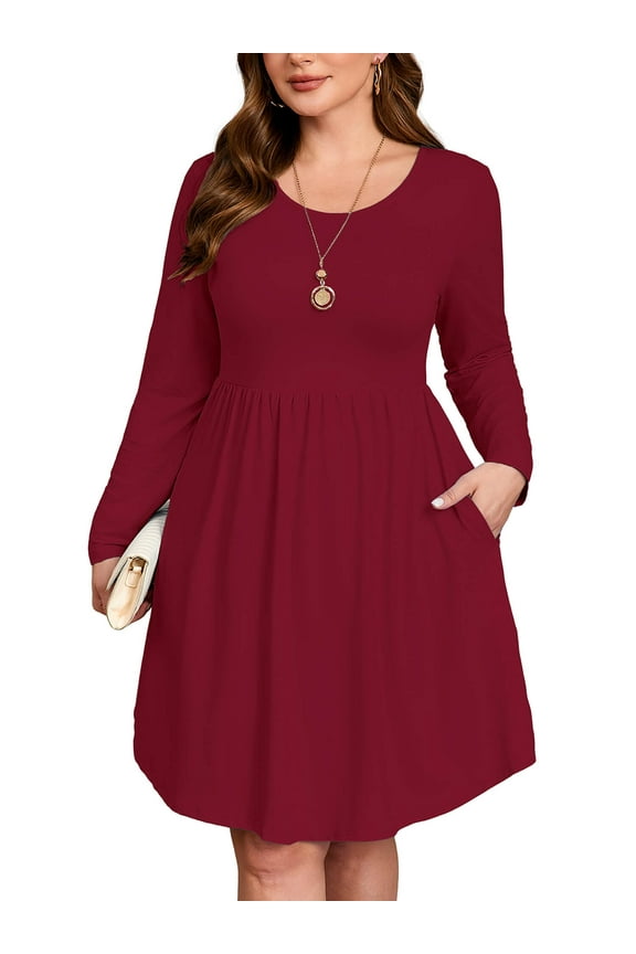 Plus Size A-Line Dress Burgundy 3X Long Sleeve Scoopneck Pocket Swing Dress for Women, Everyday Work/Dating/Travel