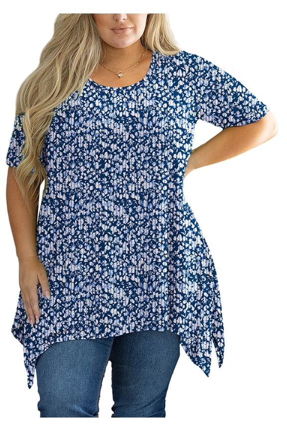 Plus Size Blouse for Women Summer Tunic Tops Short Sleeve Navy Blue Vertical Floral 3X Swing Tee Crewneck Clothes Flowy Shirt for Leggings
