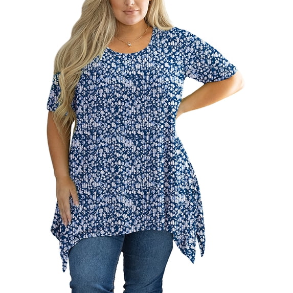 SHOWMALL Plus Size Blouse for Women Summer Tunic Tops Short Sleeve Navy Blue Vertical Floral 4X Swing Tee Crewneck Clothes Flowy Shirt for Leggings