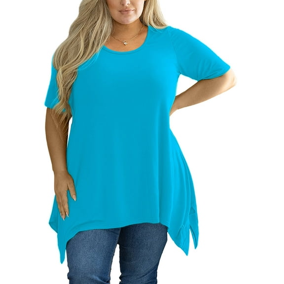 SHOWMALL Plus Size Blouse for Women Summer Tunic Tops Short Sleeve Sky Blue 3X Swing Tee Crewneck Clothes Flowy Shirt for Leggings