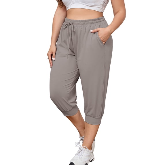 SHOWMALL Plus Size Capri Pants for Women Workout Relaxed Joggers Pants with Drawstring Pockets Gray 1X