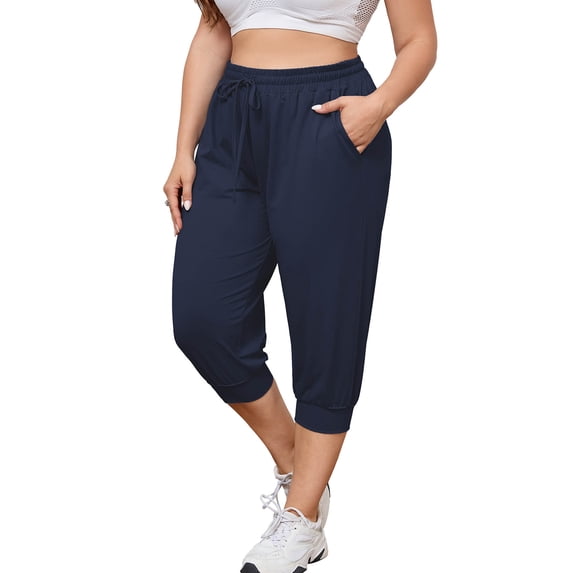 SHOWMALL Plus Size Capri Pants for Women Workout Relaxed Joggers Pants with Drawstring Pockets Navy Blue 5X