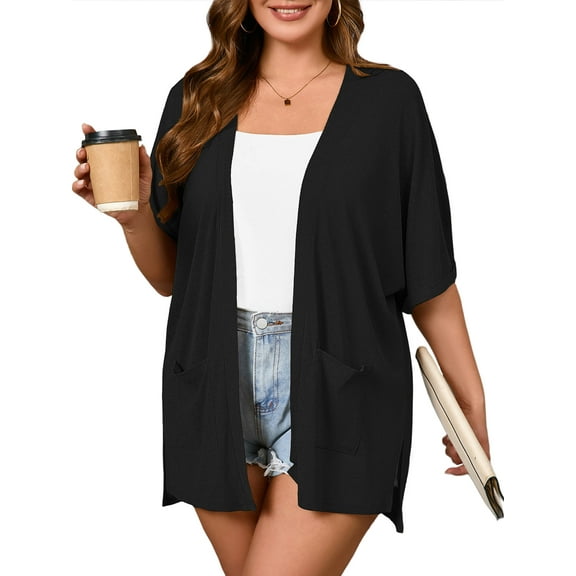SHOWMALL Plus Size Cardigan for Women Summer Short Sleeve Black 5X Open Front Lightweight Cardigan with Pockets Drape Beach Cover Up