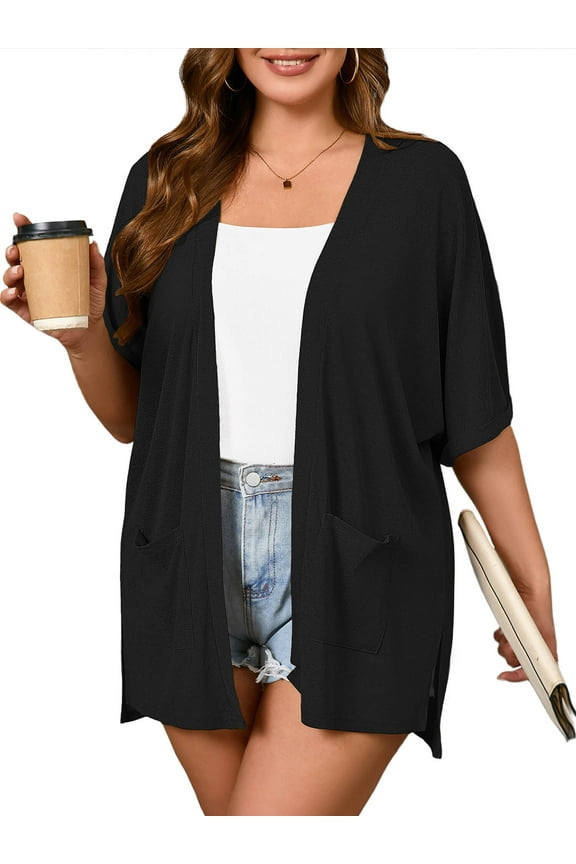 Plus Size Cardigan for Women Summer Short Sleeve Black 5X Open Front Lightweight Cardigan with Pockets Drape Beach Cover Up