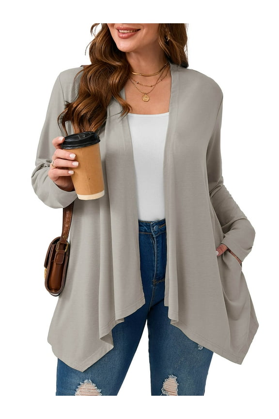 Plus Size Cardigan with Pockets, Light Gray 3X Lightweight Long Sleeve Sweater for Spring Summer Fall