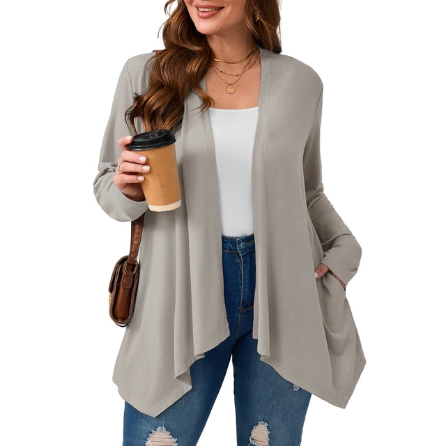 SHOWMALL Plus Size Cardigan with Pockets, Light Gray 3X Lightweight Long Sleeve Sweater for Spring Summer Fall
