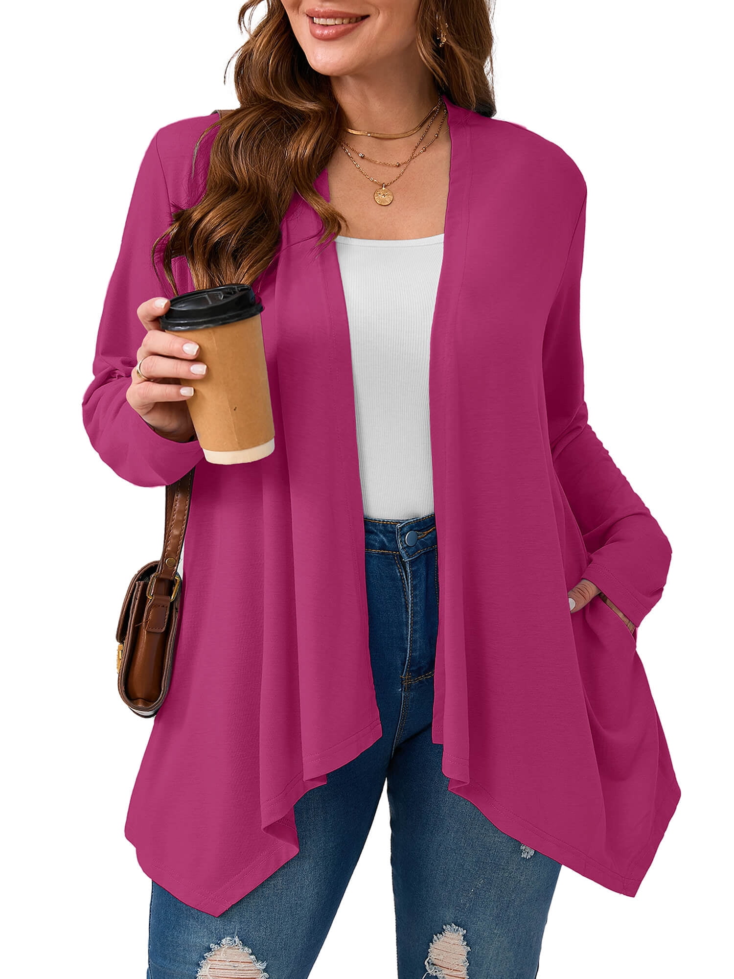 Spring Plus Size Cardigans SHOWMALL Plus Size Cardigan with Pockets, Magenta 2X Lightweight Long ...