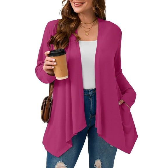 SHOWMALL Plus Size Cardigan with Pockets, Magenta 3X Lightweight Long Sleeve Sweater for Spring Summer Fall