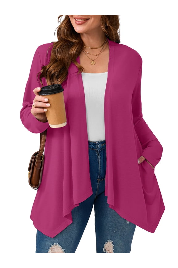 Plus Size Cardigan with Pockets, Magenta 4X Lightweight Long Sleeve Sweater for Spring Summer Fall